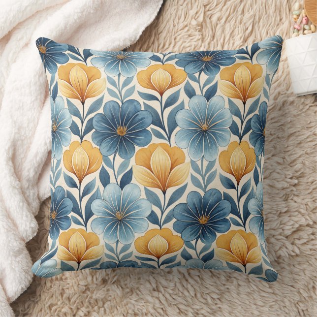 Blauw & Goud Bloemenkussen Kussen (Deken)