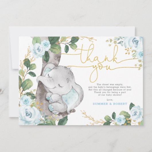 Blauw Goud Bloemenolifant Baby Dank u kaart (Voorkant)