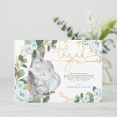 Blauw Goud Bloemenolifant Baby Dank u kaart (Staand voorkant)