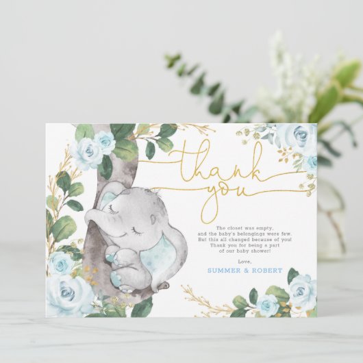 Blauw Goud Bloemenolifant Baby Dank u kaart (Staand voorkant)