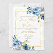 Blauw Goud Bloemig Elegant Avond Winter Bruiloft Kaart (Voorkant)