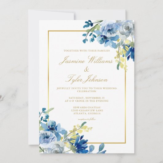Blauw Goud Bloemig Elegant Avond Winter Bruiloft Kaart (Voorkant)
