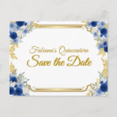 Blauw & Goud Bloemig Save the Date Aankondigingskaart (Voorkant)