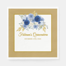 Blauw & Goud Bloemige Quinceañera Servetten
