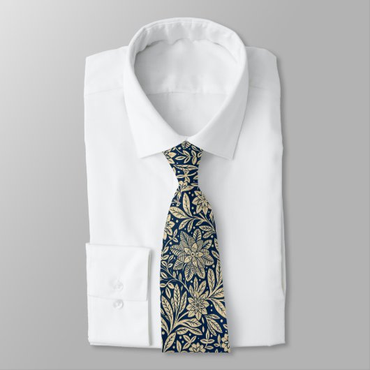 Blauw & Goud  Bloempatroon Stropdas (Gebonden)