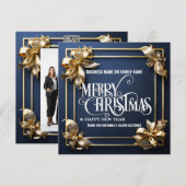 Blauw goud bogen business kerst foto logo qr feestdagenkaart (Voorkant / Achterkant)