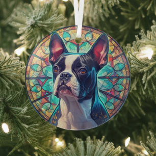 Blauw Goud Boston Terrier Hond Gekleurd Glas Ornament