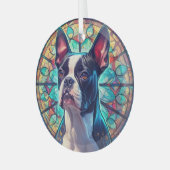 Blauw Goud Boston Terrier Hond Gekleurd Glas Ornament (Voorkant links)