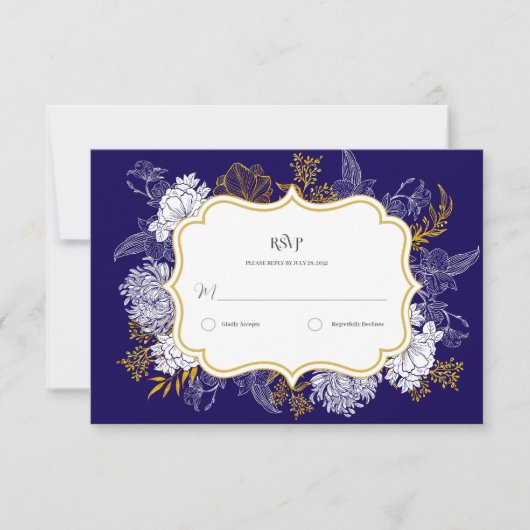 Blauw Goud Botanie Graphic Wedding RSVP Kaartje (Voorkant)