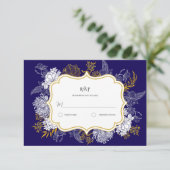 Blauw Goud Botanie Graphic Wedding RSVP Kaartje (Staand voorkant)