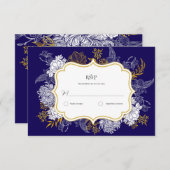 Blauw Goud Botanie Graphic Wedding RSVP Kaartje (Voorkant / Achterkant)