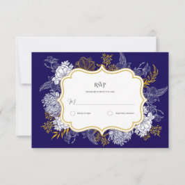 Blauw Goud Botanie Graphic Wedding RSVP Kaartje