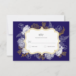Blauw Goud Botanie Graphic Wedding RSVP Kaartje