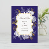 Blauw Goud Botanie Graphic Wedding Save The Date (Staand voorkant)