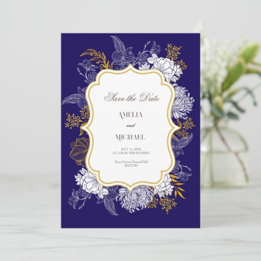 Blauw Goud Botanie Graphic Wedding Save The Date (Staand voorkant)