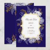 Blauw Goud Botanie Graphic Wedding Save The Date (Voorkant / Achterkant)