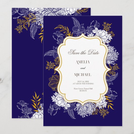 Blauw Goud Botanie Graphic Wedding Save The Date (Voorkant / Achterkant)