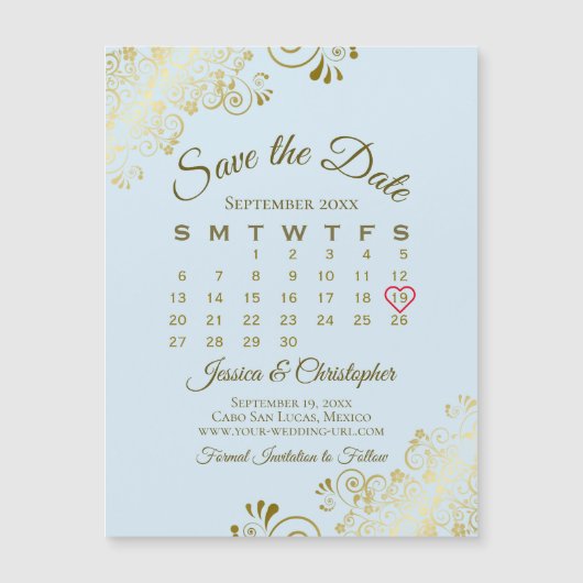 Blauw & Goud Bruiloft Bewaar de Datum Kalender Mag (Voorkant)