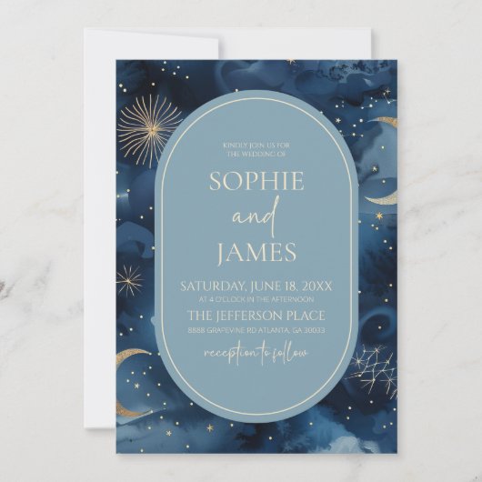 Blauw Goud Celestial Elegant Sterrenhemel bruiloft Kaart (Voorkant)
