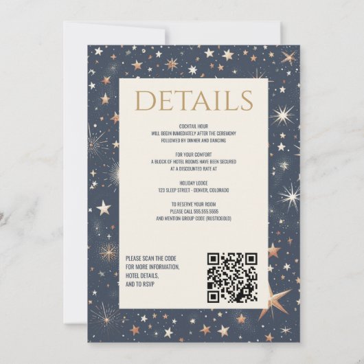 Blauw & Goud Celestial met QR Code Bruiloft Kaart (Achterkant)