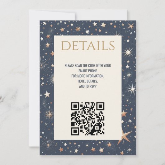 Blauw & Goud Celestial met QR Code Bruiloft Kaart (Achterkant)