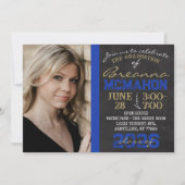 Blauw & Goud Chalkboard Afstuderen Foto Kaart (Voorkant)