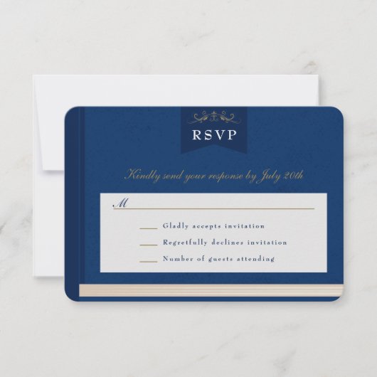 Blauw Goud Chapter Book Wedding RSVP Kaart (Voorkant)