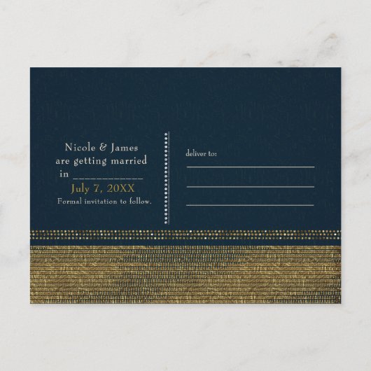 Blauw & Goud Chique Sparkling Glam Save the Date Aankondigingskaart (Achterkant)