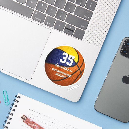 Blauw Goud Club Kleuren kinder Basketbal Team Cade Sticker (Laptop met iPhone)