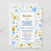 Blauw Goud Confetti 1e Verjaardagsfeest Kaart (Voorkant)
