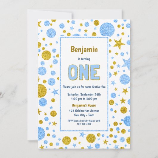Blauw Goud Confetti 1e Verjaardagsfeest Kaart (Voorkant)