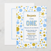 Blauw Goud Confetti 1e Verjaardagsfeest Kaart (Voorkant / Achterkant)