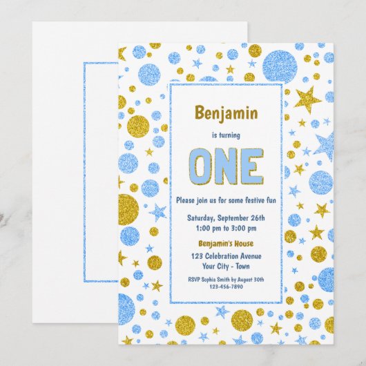 Blauw Goud Confetti 1e Verjaardagsfeest Kaart (Voorkant / Achterkant)