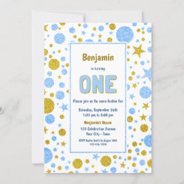 Blauw Goud Confetti 1e Verjaardagsfeest Kaart