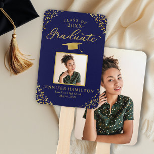 Blauw Goud Confetti 2 Foto Afstuderen Handventilat Handwaaier