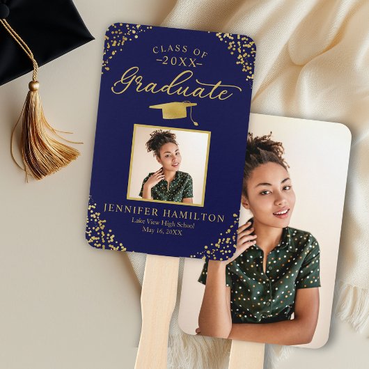 Blauw Goud Confetti 2 Foto Afstuderen Handventilat Handwaaier