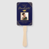 Blauw Goud Confetti 2 Foto Afstuderen Handventilat Handwaaier (Voorkant)