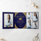 Blauw Goud Confetti Foto Afstudeeruitnodiging Drieluik Uitnodiging (Binnen)