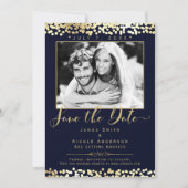 Blauw & Goud Confetti Foto Huwelijk Save the Date Kaart (Voorkant)