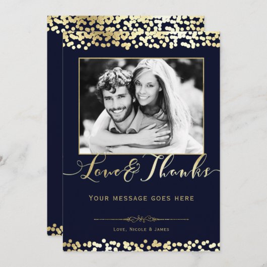 Blauw & Goud Confetti Fotobruiloft Dank u Bedankkaart (Voorkant / Achterkant)