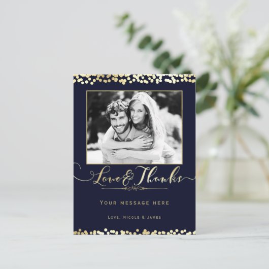Blauw & Goud Confetti Fotobruiloft Dank u Briefkaart (Staand voorkant)