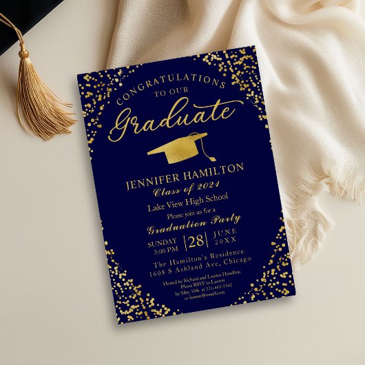 Blauw Goud Confetti Graduation Party Kaart