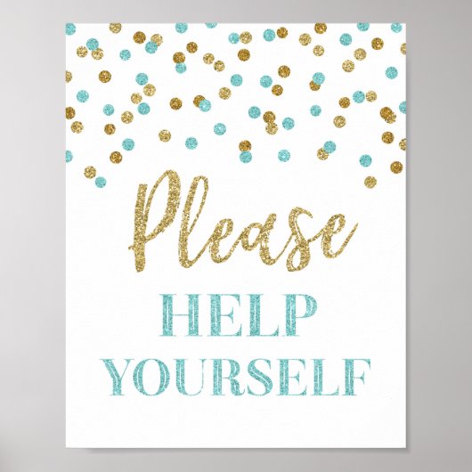 Blauw Goud Confetti Help Yourself Bord Poster (Voorkant)