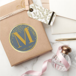 Blauw & Goud Confetti Moderne Bruiloft Ronde Sticker