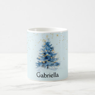 Blauw Goud Confetti Stippen Kerstboom Naam Koffiemok