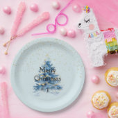 Blauw Goud Confetti Stippen Kerstboom Papieren Bordje (Feest)