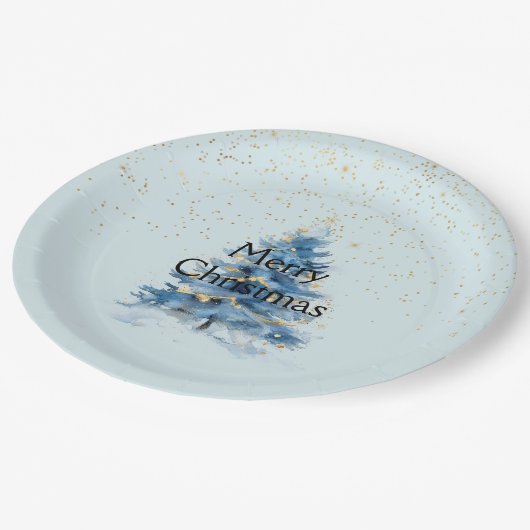 Blauw Goud Confetti Stippen Kerstboom Papieren Bordje (Gekanteld)