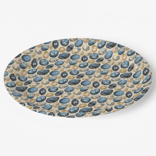 Blauw, Goud & Cream eierpatroon Papieren Bordje (Gekanteld)