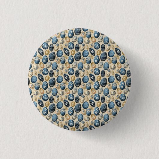 Blauw, Goud & Cream eierpatroon Ronde Button 3,2 Cm (Voorkant)