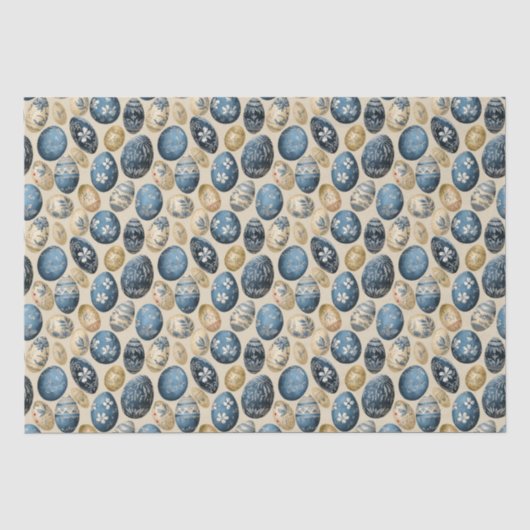 Blauw, Goud & Cream eierpatroon Tissuepapier (Voorkant)